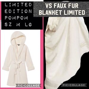 Vs luxe fleece lined with sherpa hooded long robe pompom ties faux fur blanket